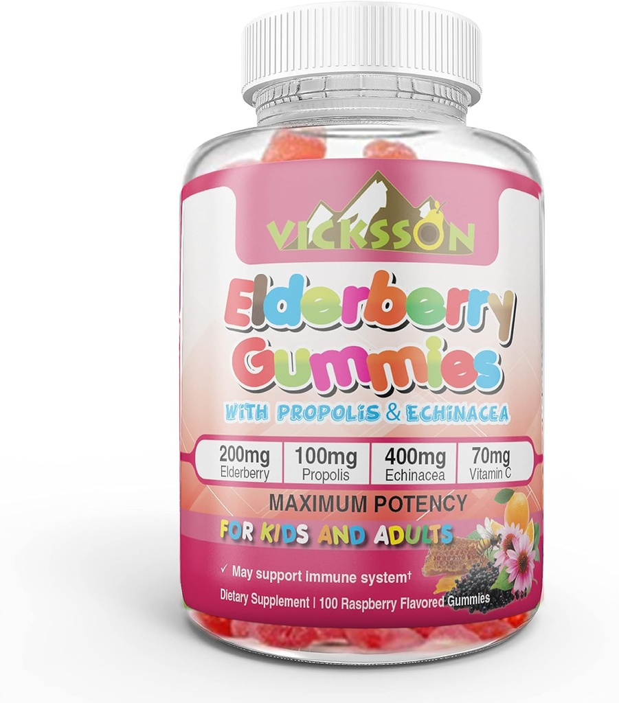 Juoda Sambucus Elderberry Gummies su Propolis & Echinacea + Vitaminas C Antioksidantas flavonoidai imuninė sistema Booster Kid & Suaugusiųjų Vegan Friendly 124; Aviečių flavored. 100 Skaičius