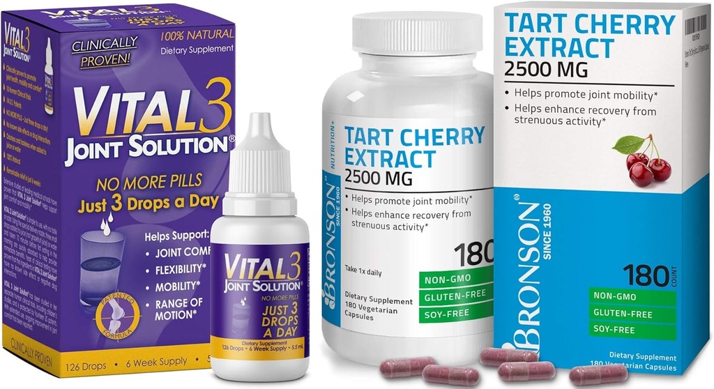 Bronson Vital 3 Joint Solution ® Kliniškai įrodytas skystų Kelio paramos priedas Tart Cherry Extract 2500 mg Vegetarian Capsules