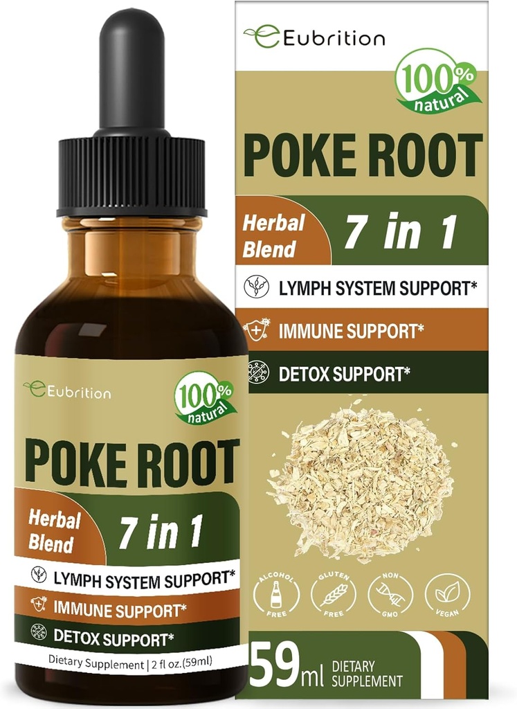 Poke Root Drops for Lymph System Support, Lymphatic Drainage Supplement for Lymphedema, 7 in 1 Formula with Goldenseal Extract for Immune Support, Dandelion for Detox & Cleanse. 2oz
