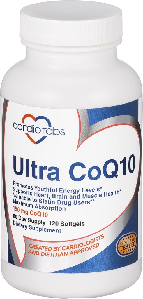 Ultra CoQ10 Coenzyme Supplement for Cardio Health, 150 mg of CoQ10 - Ubiquinone - Per 2 Softgels w/Safflower Oil & Tocopherols, 6X Better Absorption for Brain & Muscle Health, 120 Softgels