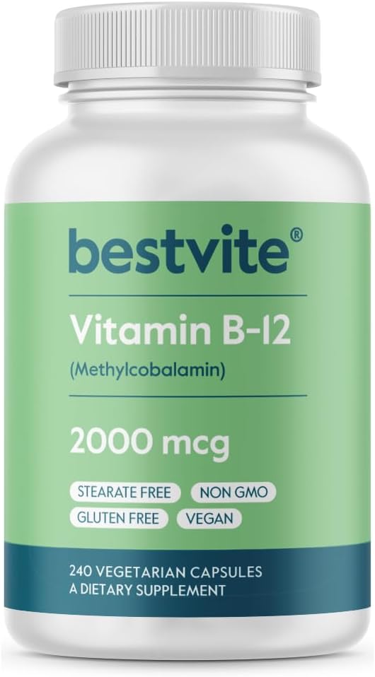 BESTVITE Vitamin B12 (Methylcobalamin) 2000mcg (240 Vegetarian Capsules) (Methyl B12) - No Stearates - Vegan - Non GMO - Gluten Free