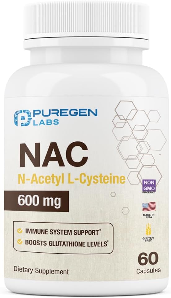 Puregen Labs N-acetil-L-cisteinas (NAC) 600 mg, Palaiko imuninę sistemą, kvėpavimo sistemą, kepenų sveikatą, NAC 600 mg, Stiprus antioksidantas, laisvi radikalai, lengvai absorbuojamas - 60 vegetarinių kapsulių