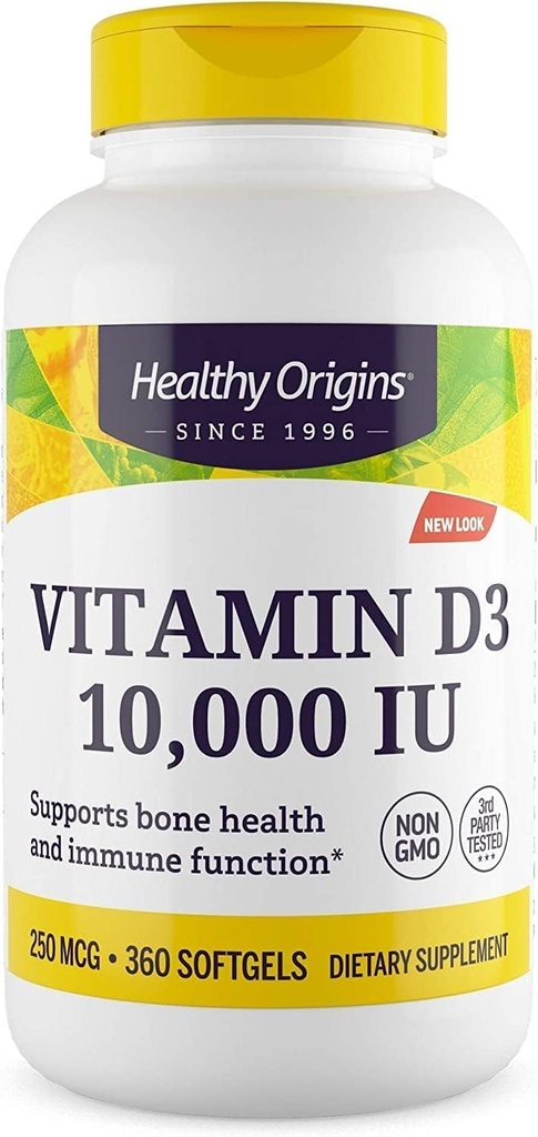 Healthy Origins Vitamin D3 10,000 IU (Non-GMO, High Potency, Bone Support, Immune Support, Gluten Free), 360 Softgels