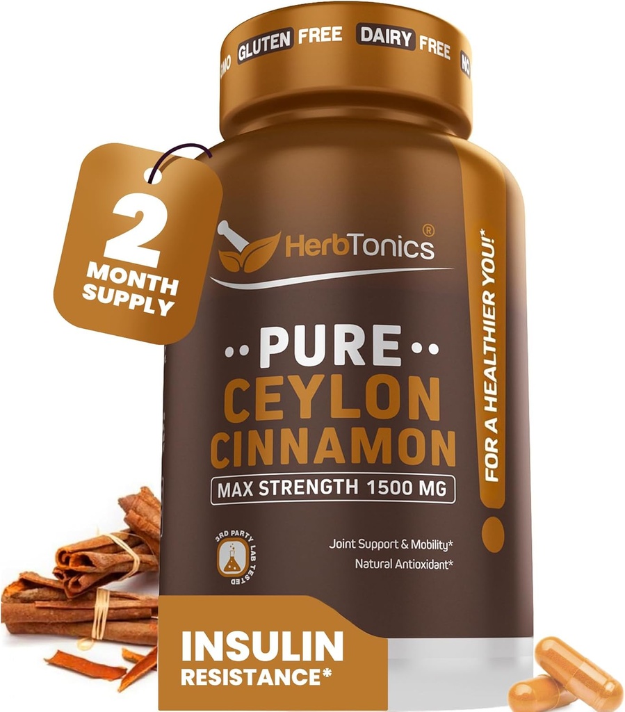 Herbtonics Pure Ceylon Cinnamon Capsules | Immune System, Healthy Weight Management | Non-GMO, Gluten Free | 1500 Mg - 120 Capsules