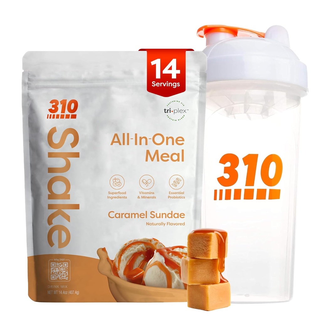 310 Nutrition All- in- One Meal Foundation Supply Mill w / Shaker Cup Starter Kit - High proteino Fiber Rich Vegan Superfood Blend - Sugar- Free, Keto & Paleo Friendly, Low Carb - Caramel Sundae 14 srv