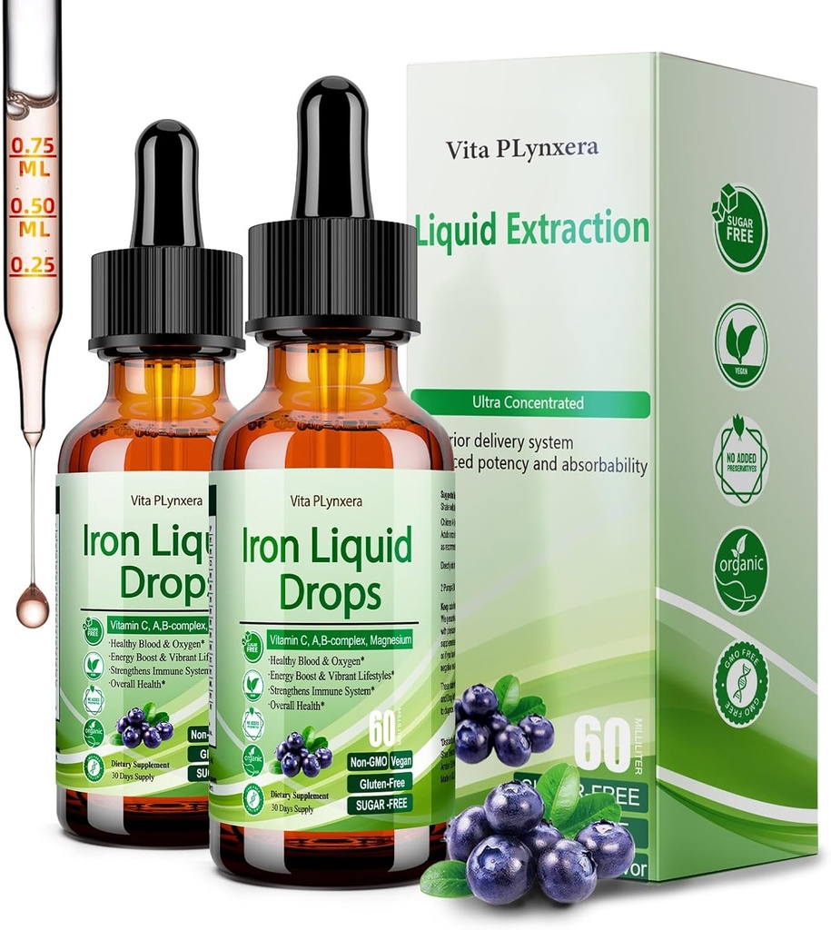 2 Pack Liquid Iron Addition for Women & Kids, Vegan Iron Drops with Vitadele C D, B12, B- Complex, High Potency Liquid with Multivitamine for Anemia, Energy Support, Magnis Iron Gentle
