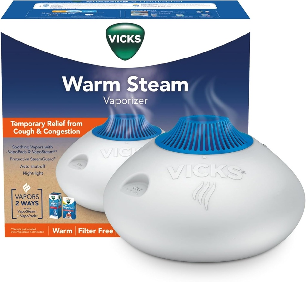 Vicks Warm Steam Vaporizer, Small to Medium Rooms, 1.5 Gallon Tank – Warm Mist Humidifier for Baby and Kids Rooms with Night Light, Works with Vicks VapoPads and VapoSteam