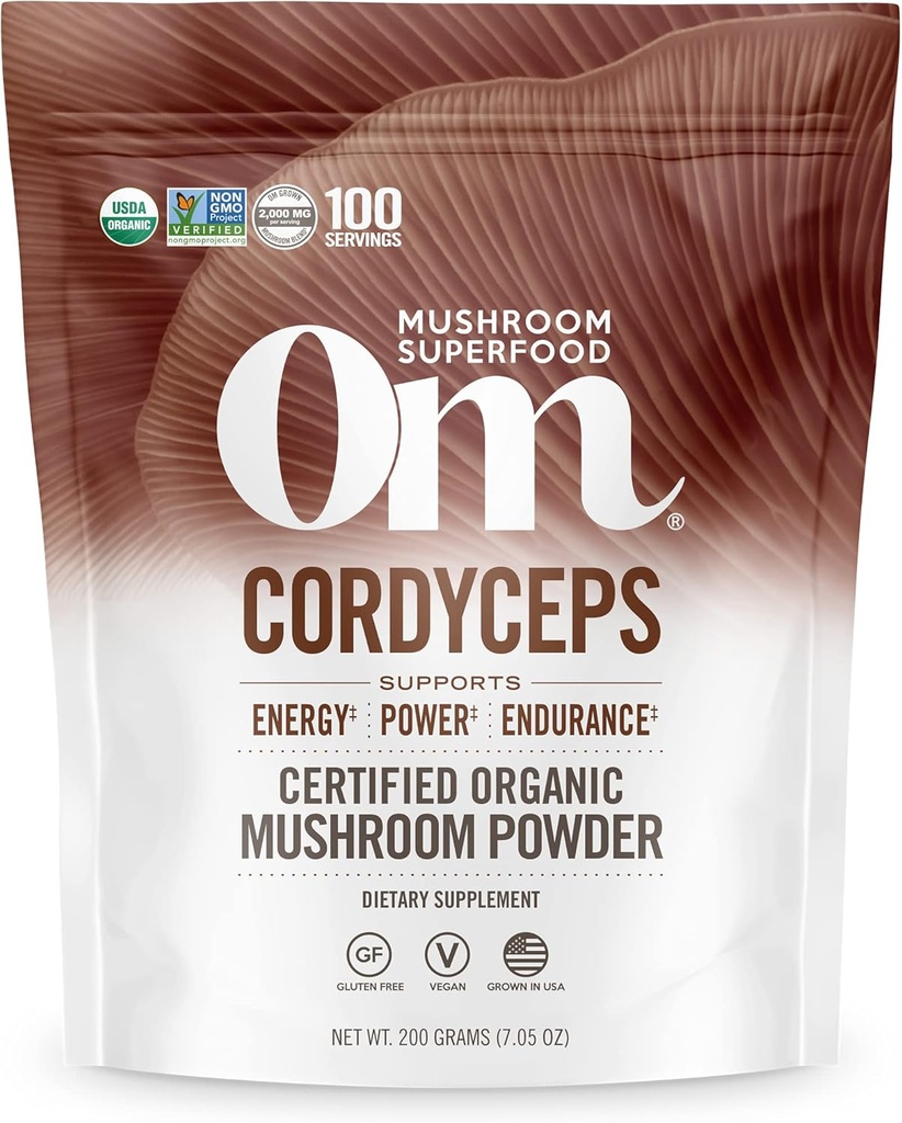 OM grybų Cordyceps Milteliai 7.05 oz (100 Servings) - Ekologiškas, Vegan, Non- GMO, Gluten- Nemokama - Energija, Stamina & Endurance Support - Adaptogeninis Superfood sporto, veiklos, Smoothies & Ara