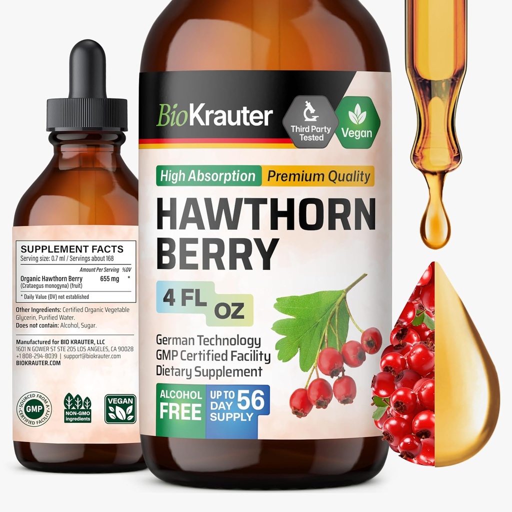 BIO KRAUTER Hawthorn Berry Extract Tincture - Natural Hawthorne Berry Addition - 100% Pure Formulė - Vegan Sugar & Alkoholis Nemokamas - 4 Fl. Oz. - 56 tiekimo diena