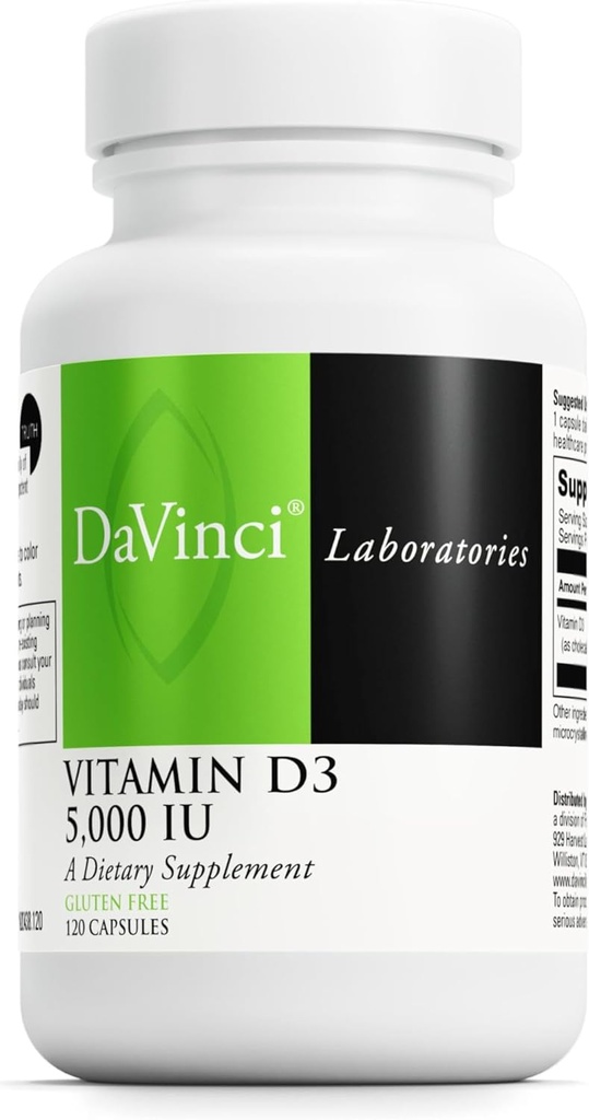 DAVINCI Labs Vitaminas D3 5000 TV - mitybos priedas sveikoms tetoms ir kaulams, širdies ir kraujagyslių funkcijai ir imuninei sveikatai * - 5000 TV vienam gydymui - be gluten- 120 kapsulių