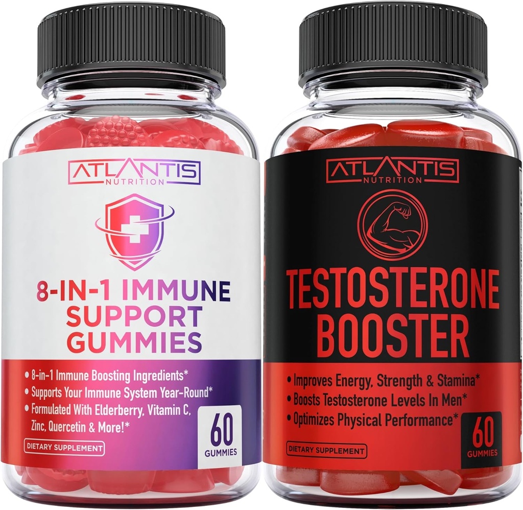 Atlantis mityba 8- in-1 Imuninė parama 60 Gummies + Testosteronas Booster 2- Pack (120 Gummies)
