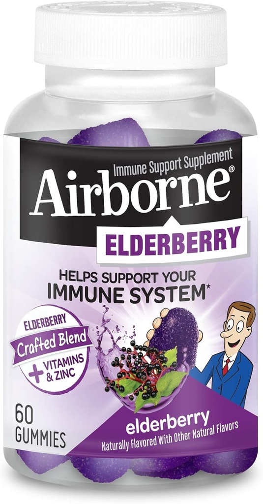 Aviakompanijos Elderberry + Cinko & Vitaminas C Gummies suaugusiems, Imuninė parama Vitaminas D & Cinko Gummies su Galingas Antioksidantas Vitaminai C D & E - 60 Gummies, Elderberry Schiavy