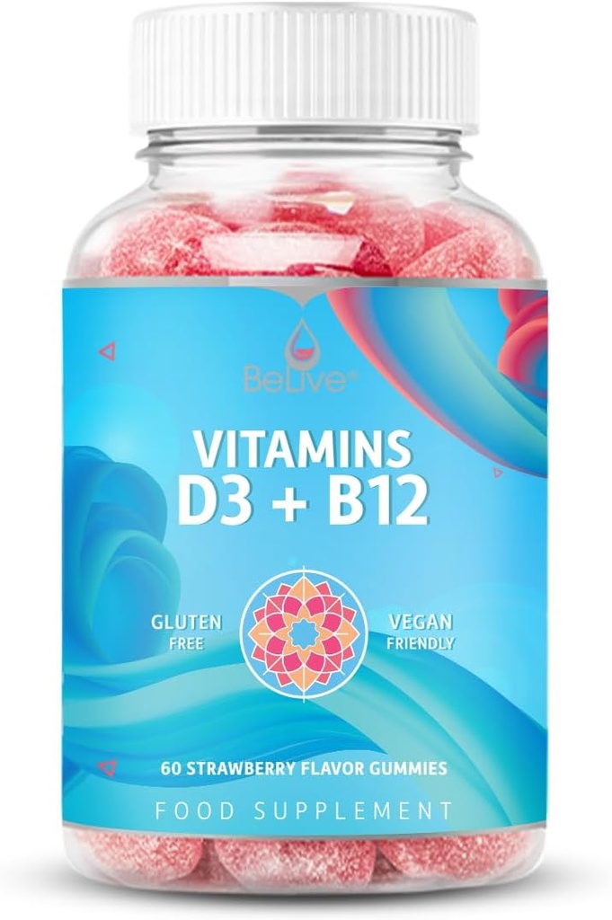 BeLive Vitaminas D3 Gummies su B12 Vitaminai - 60 Ct I Immunal Support Gummies su Vegan Vitaminas B12 & D3, Sustiprintas kaulų ir raumenų stiprumas, Žemėlapis Sveikata ir energija - braškių skonio