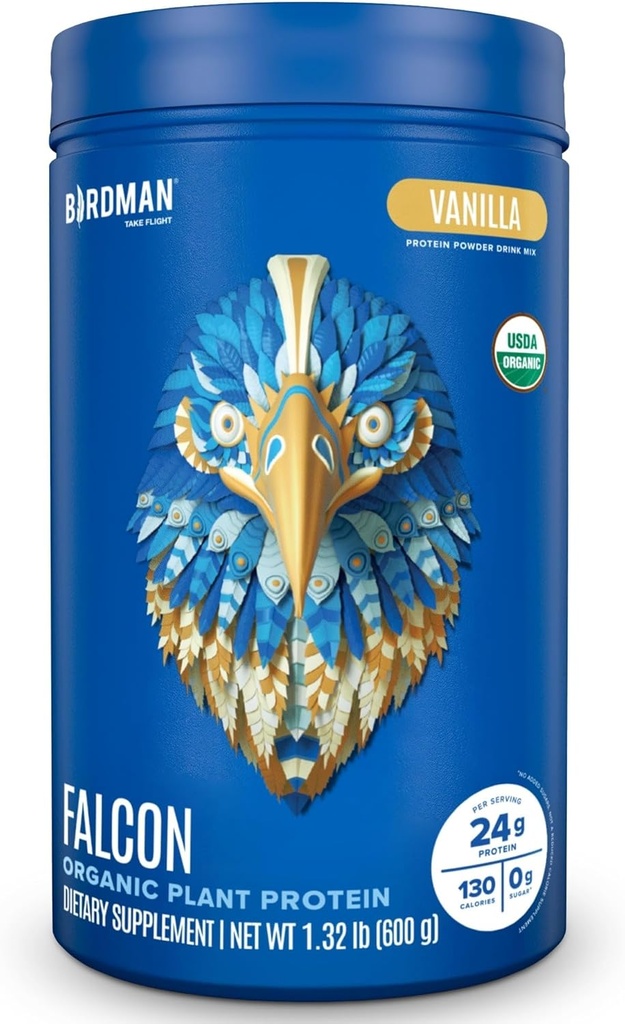 BIRDMAN Falcon Organic Vegan proteinas Milteliai Vanilla, 24g proteinas, Cukraus nemokamai, Probiotikai, Low Carb, Keto Friendly, Pieno nemokamai, Laktozė nemokamai, Ne Išrūgų, Augalų pagrįstas Pupų baltymų milteliai - 18 Servings
