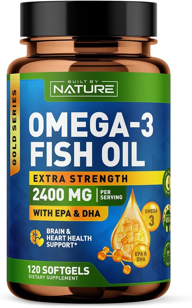 Pastatyta Gamta Omega 3 Žuvies aliejus Minkšti geliai - 2400 mg Žuvies aliejus, 1440 mg Omega 3, 864 mg EPA, 576 mg DHA - Papildomas stiprumas smegenų ir širdies sveikatos paramos priedas - 120 Softgels