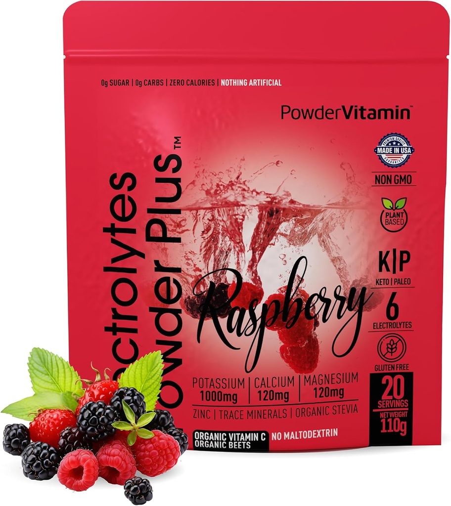 PowderVitaminas Elektrolytes Milteliai Plus (20 Paslaugos) Aviečių Elektrolyte Milteliai Zero Calorie Keto, 0 Cukrus, No Maltodekstrinas, 1000mg Kalio, 120mg Kalcis, 120mg Magnis, Pink Himalayan Salt