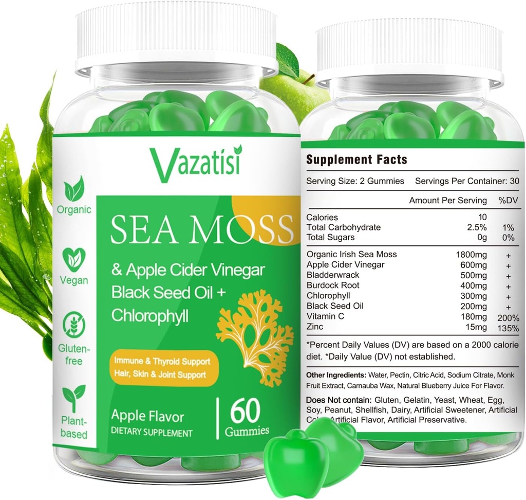 2 Pack Organic Irish Sea Moss Gummies with Black Seed Oil, Chlorofill - Thyroid, Mood, Energy & Immune Support - Women & Men, Adult & Kid - 120 Vegan Gummies