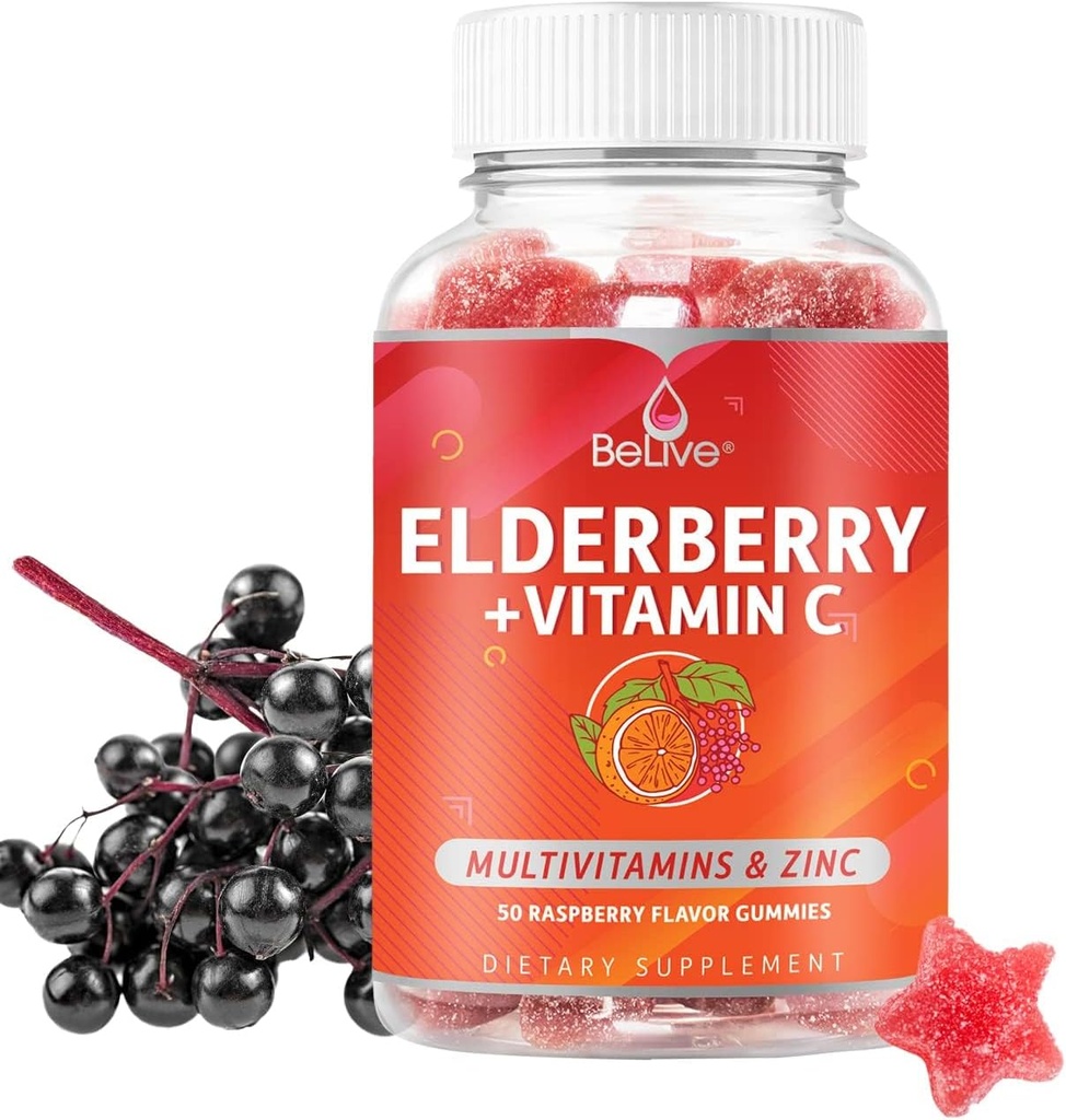 BeLive Elderberry Gummies with Zinc and Vitamin C, D, A, E, B12-50 Ct I Immune Support Supplement for Healthy Bones & Teeth, Vegan, Keto & Non-GMO - Raspberry Flavor