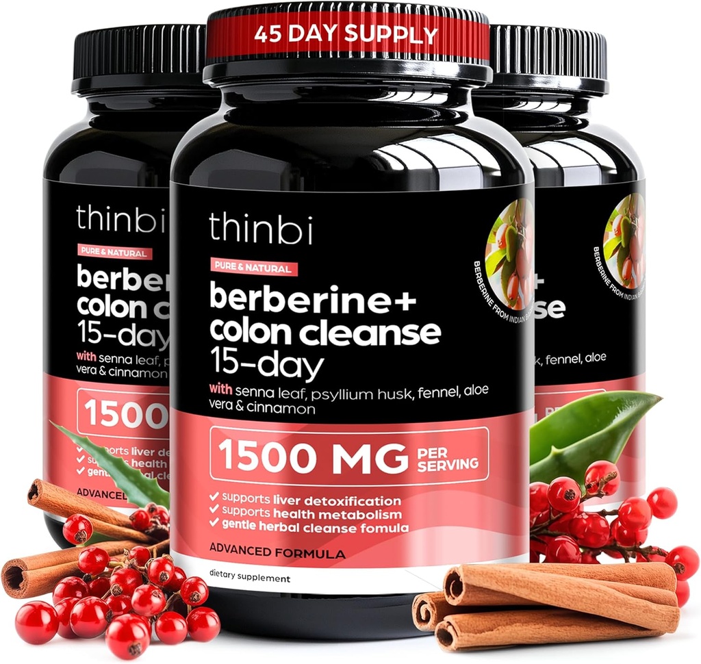 Colon Cleanse Berberine priedas 1500mg - 3 pakuotė - 15- Dienos papildomas stiprumas vyrams ir moterims w / Sena lapų, Fast- Eductive Natural Laxative už vidurių palengvinimą, Gut Health - Pagaminta JAV