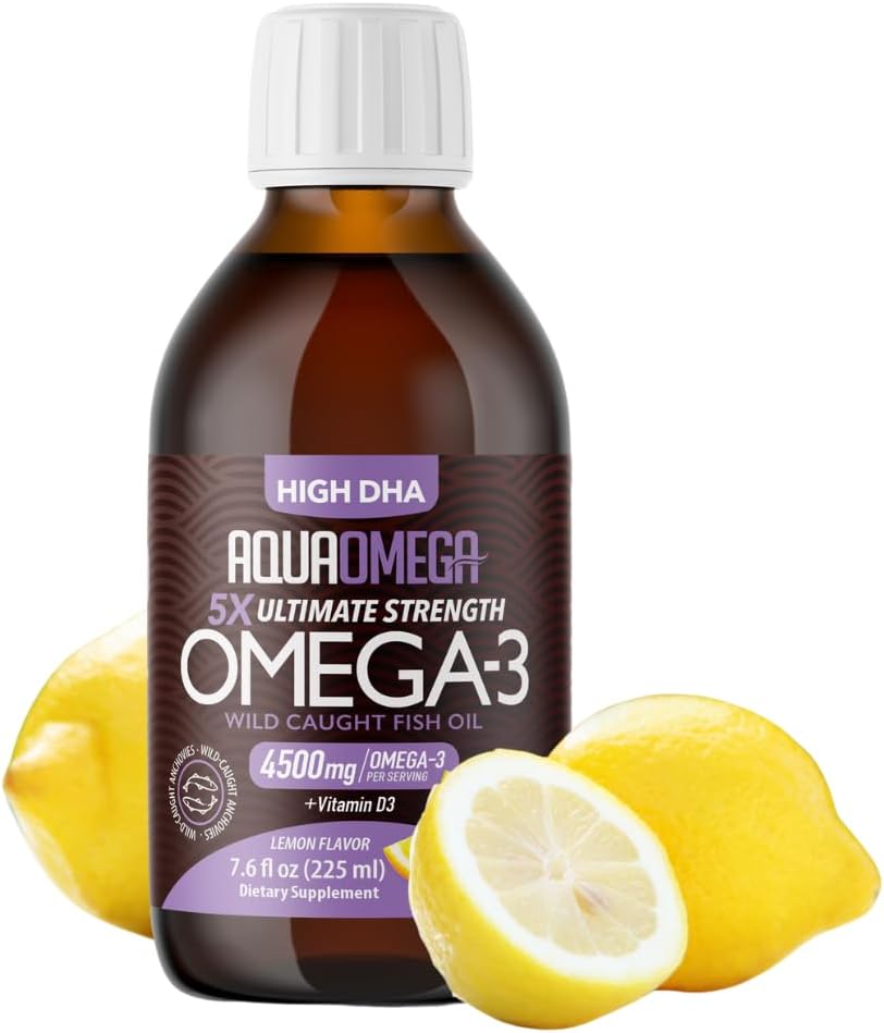 5X Galutinis stiprumas Omega 3 Žuvies aliejus skystas, žuvų aliejus papildai su dideliu DHA ir EPA Omega3 riebalų rūgščių, didelio stiprumo Omega 3 su vitaminu D, 7.60 floz, Lemon Squor