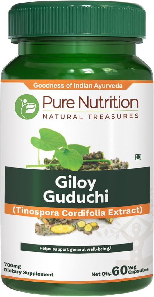 Pure Nutriton Giloy Guduchi ekstraktas 700mg Kapsulė (atitinka 5200mg Giloy miltelių). Ne GMO 124; Kartą per parą 124; 60 dienų tiekimo.
