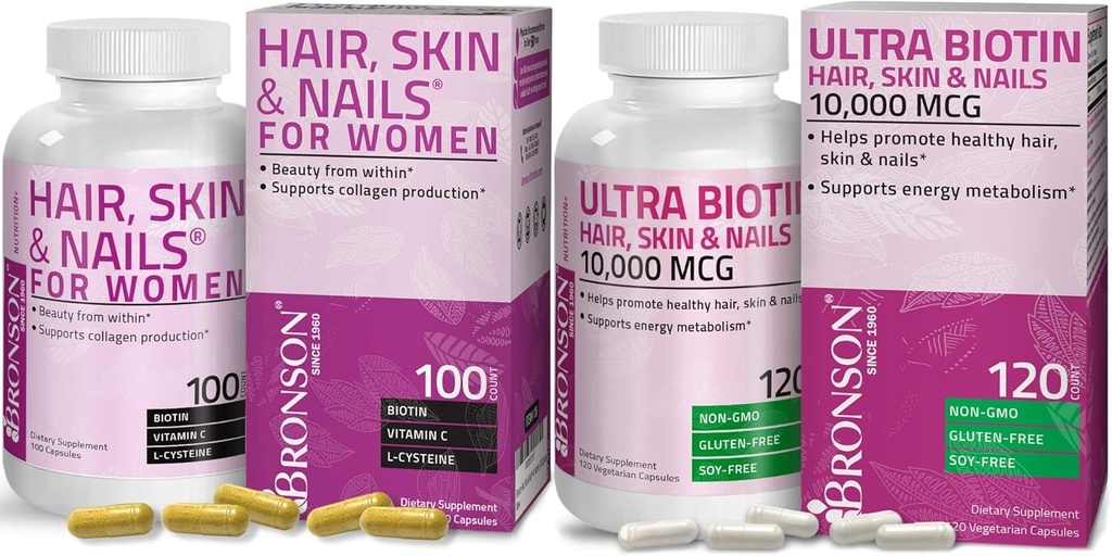 Bronsono plaukai, oda ir nagai su biotino papildomo stiprumo vitaminų papildas moterims + Ultra Biotin 10 000 Mcg