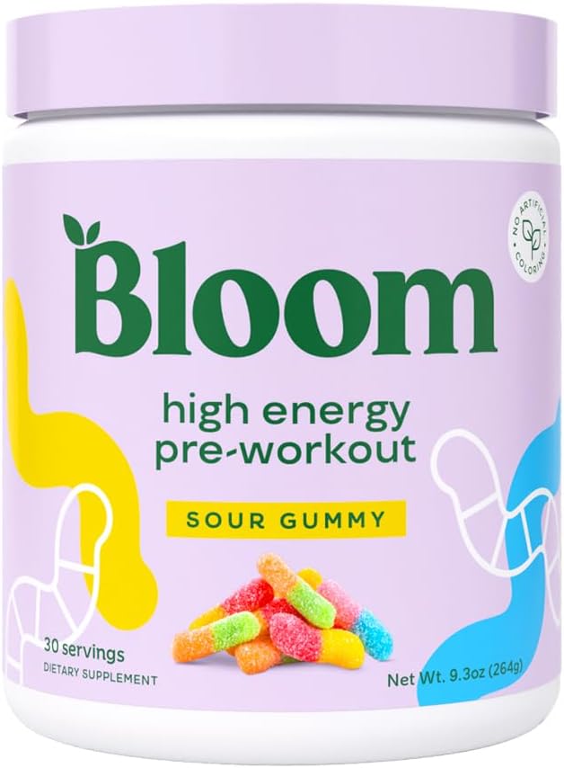 Bloom Nutrition High Energy Pre Workout Mill, Amino Energy with Beta Alanine, Ginseng & L Tirozino, Natural Caffeine Mills from Green Arbata Extract, Sugar Free & Keto Gerk Mix (Sour Gummy)