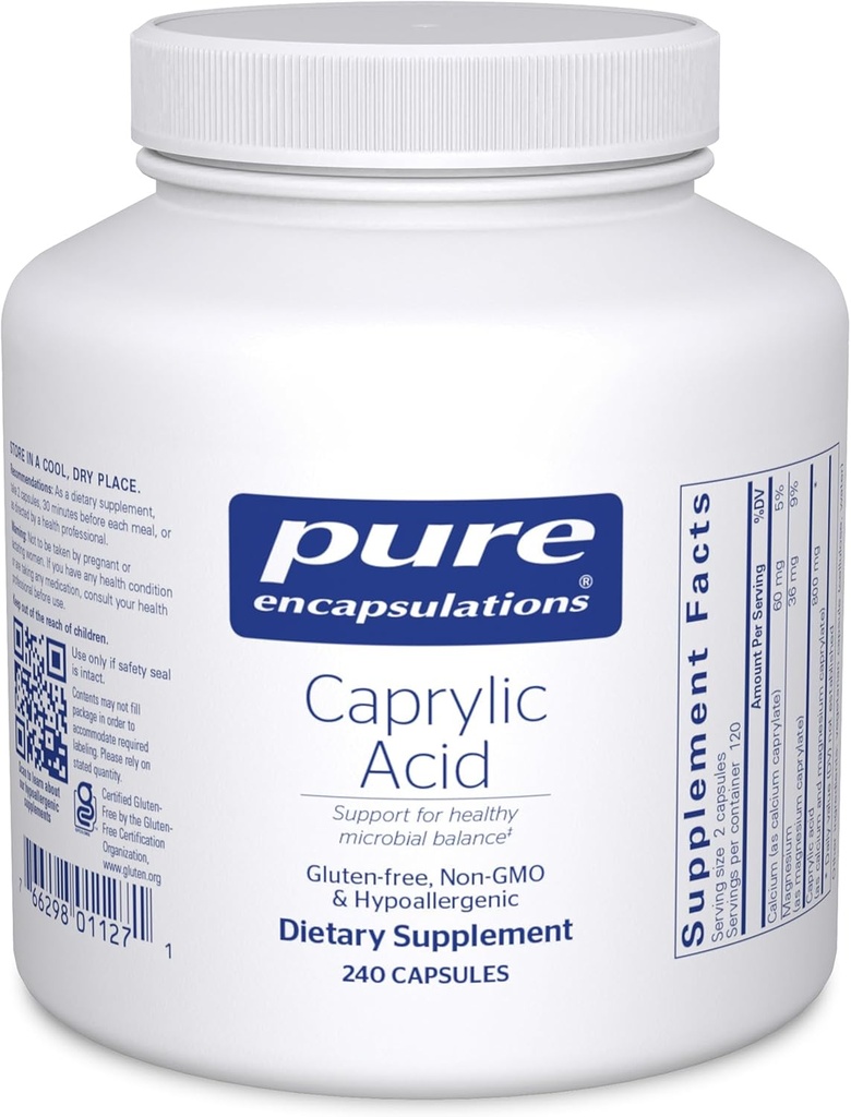 Pure Encapsulations Capric Acid Bendrijoje 124; Addition for Gut and Digistive Health, GI Balance, Skrandžio ir žarnyno parama, ir žarnyno sveikata