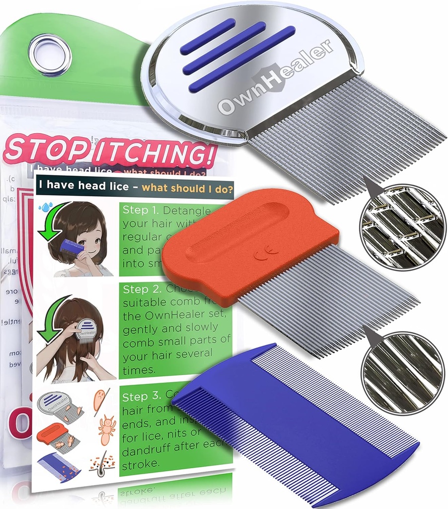 OWNHEER Professional Lice Comb Kit - už Lice, Nits, ir pleiskanų pašalinimas. Greiti rezultatai galvos dėmių gydymas - tinka visų tipų plaukams. Peine para piejos y liendres.
