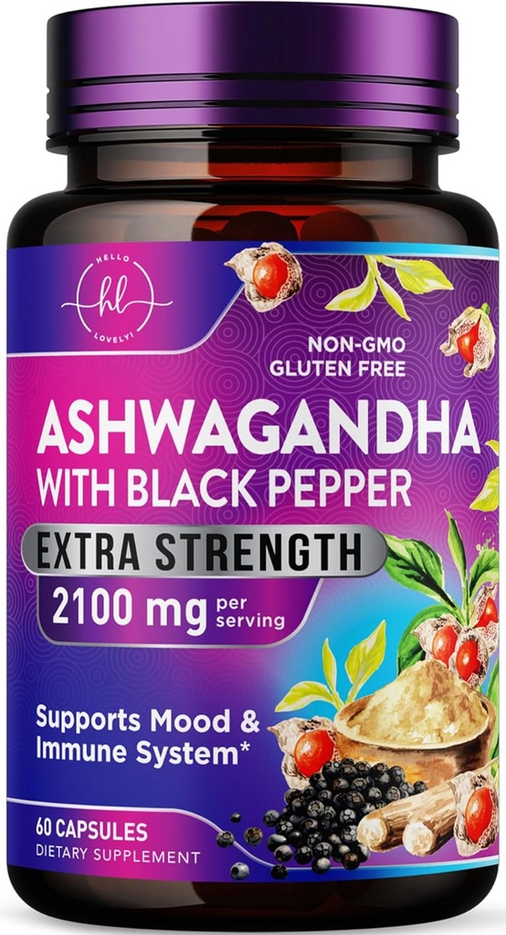 Ashwagandha 2,100 mg - Ashwagandha papildai moterims Veggie Capsules su miltelių ir šaknų ekstraktu, Black Pepper for High Absorption, Plant Based, Non- GMO, buteliuose JAV - 60 Veggie Capsules