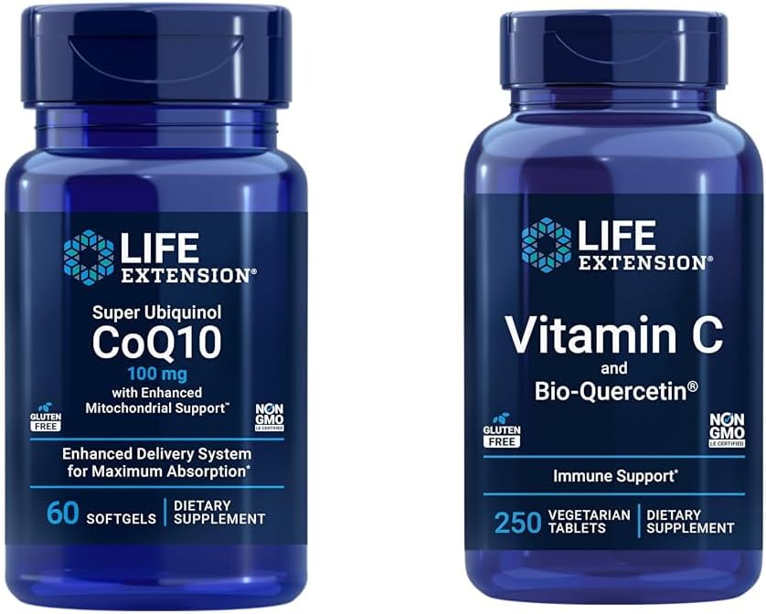 Life Extension Super Ubiquinol CoQ10 60 Softgels and Vitamin C & Bio-Quercetin Phytosome 250 Tablets Bundle for Heart, Cellular Energy, Immune & Overall Health Support
