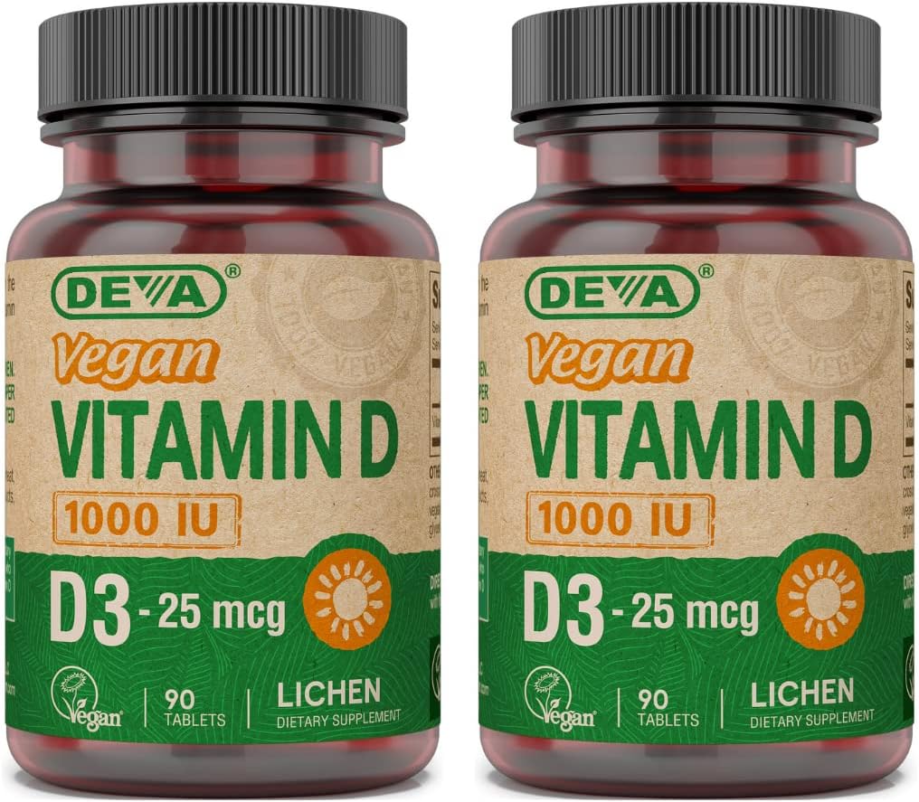 DEVA Vegano vitamino D3 papildymas - 1 000 TV tabletės vieną kartą per parą - Cholecalciferolis - Lichen Plant išvestis - 90 mažų tablečių, 2 - pakuotė