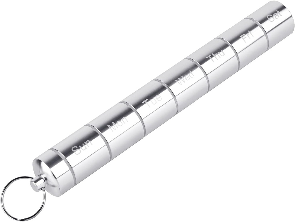 Pill Box Organizatorius, 7 sritis Pill Case, Vandeniui atspari greitoji medicina konteineris, Daily Pills laikiklis, Pill Dispenser Saugojimo dėžutė su Keychain, Idealiai tinka kelionės / Lauko / Atsparus (Sliver)