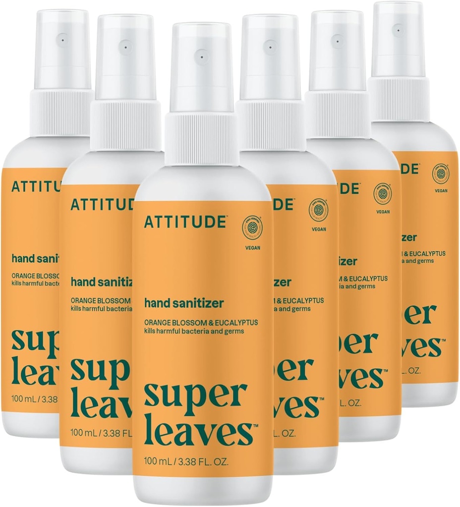 ATTITLE DE Hand Sanitizer Spray, EWG Patikrinta, Kills Germs & Bakterijos, Vegan & Plant-Based, Saugus suaugusiems & vaikams, Orange Blossom & Eucalyptus Scent, 3,38 Fl Oz (Pack of 6) (Spray Butelis)