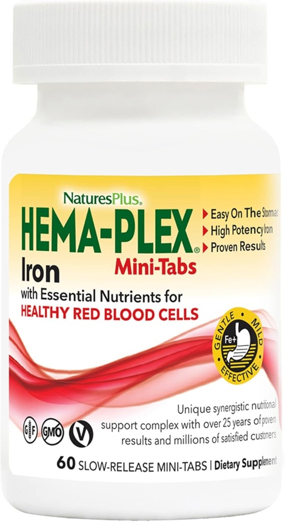NaturesPlus Hema- Plex Iron - 60 Lėtai atsipalaiduoti Mini- Tabs - 85 mg Chelated Iron - Bendras kraujo sveikata - su vitaminu C & Bioflavonoidai - Vegan, Gluten Free - 30 Servings