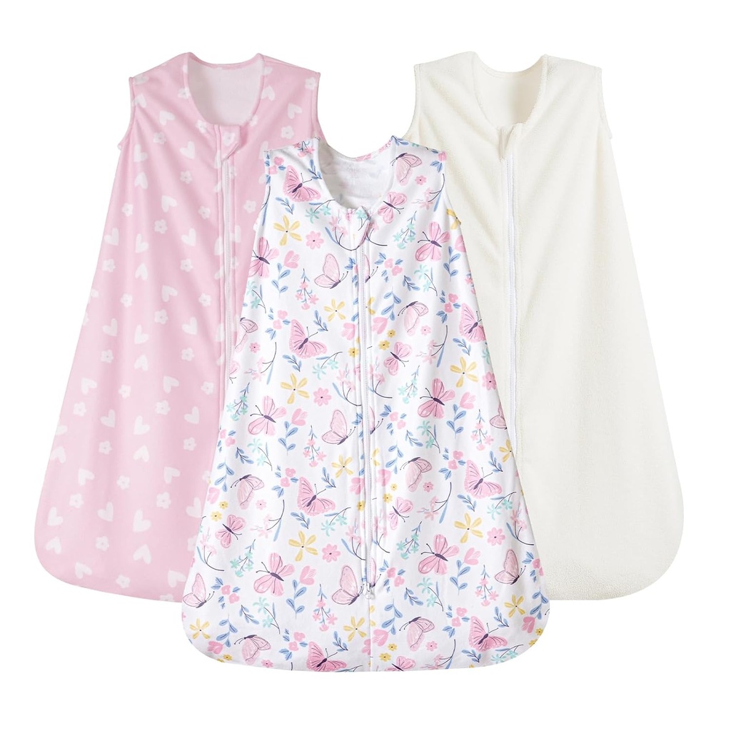 PHF 3 Pack Warm Mikro-Fleece Kūdikių Miego maišas 6-12 Mėnesių, Minkštas Kūdikių Minkštas antklodė, 2-Way Zipper Miegantys krepšiai, Komfortiškas Toddler Miegantis maišas mergaitėms, vidutinio dydžio, Drugelis