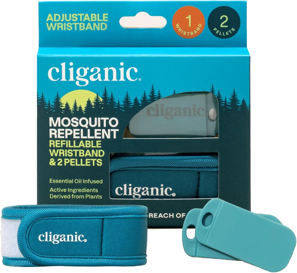 Cliganic Mosquito Repellent Pack (Wristband + 2 Refill Pellets) - Reguliuojamas, Natūralus DEET-Free, eterinis aliejus Infused