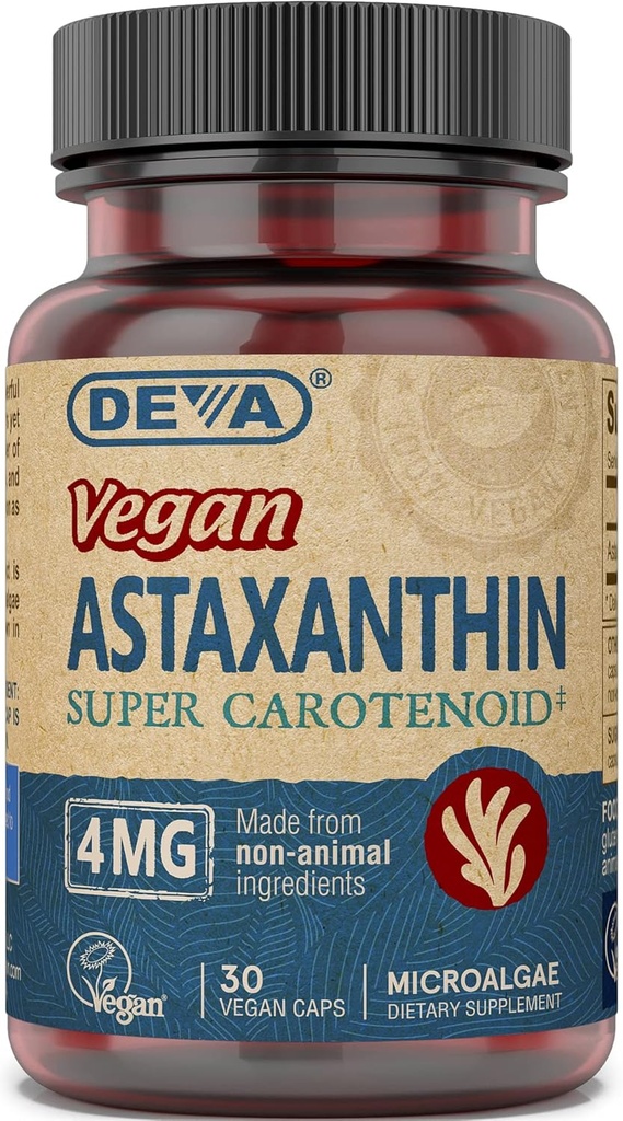 Deva Nutrition Vitaminai Astaxanthin 4mg, Vegan, Pagamintas iš Haematococcus Pluvialis Mikrodumblių, 30 kapsulių, 1- pakuotė