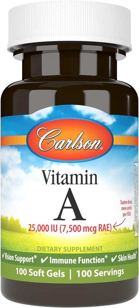 Carlson - Vitaminas A, 25000 TV (7500 µg RAE), Vizija ir odos sveikata, imuninė funkcija, 100 minkštų gelių