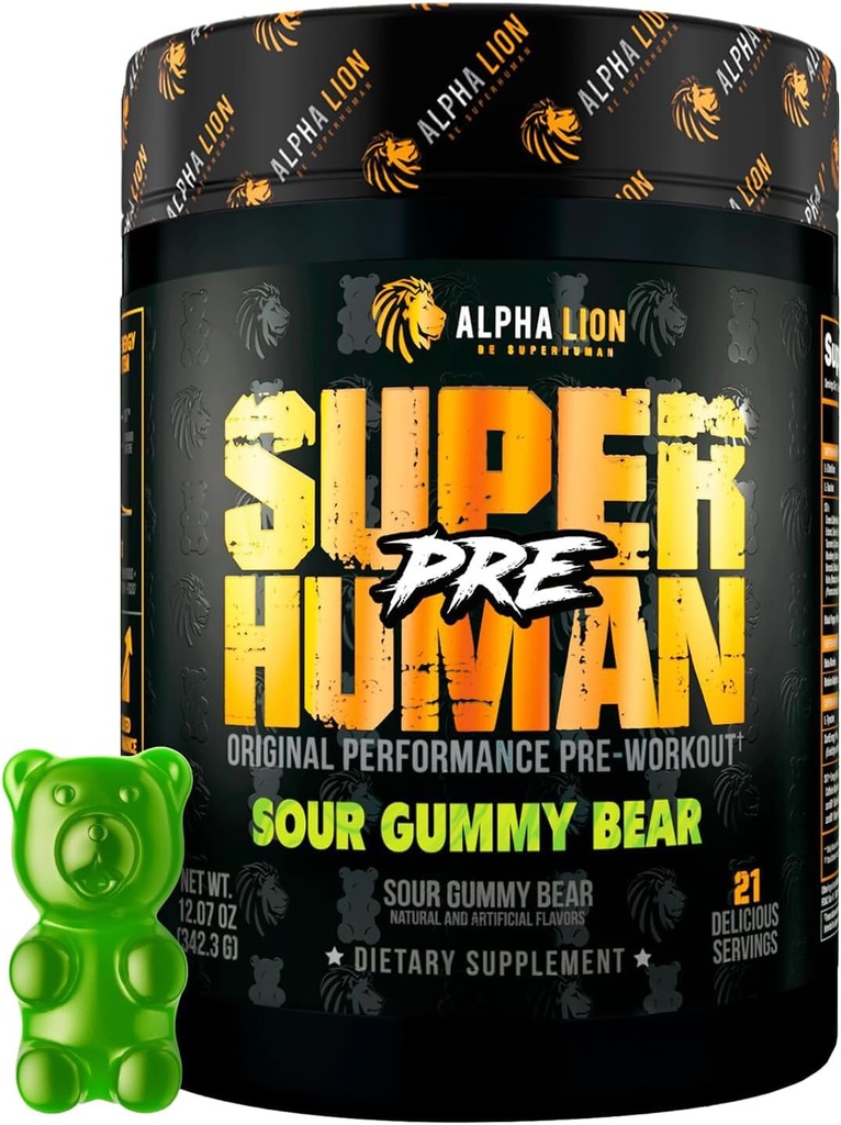 ALPHA LION Superhuman Pre Workout Mills, Beta Alanine, L- Taurine & Try- Source Caffeine for Long Energy & Focus, Nitric Oxide & Citrulline for Pump (21 Servisas, Sour Gummy Bear Sheavor)