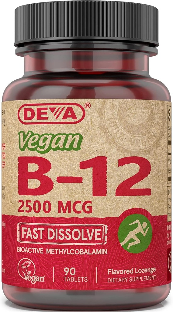 DEVA Nutrition Vegan Poliežuviu greitai ištirpinti B- 12 tablečių, 2500 µg, 90 Count