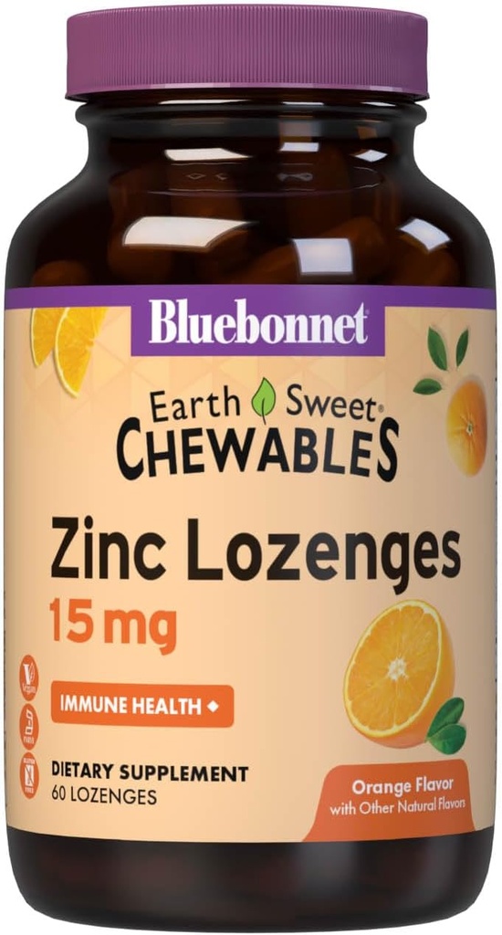 Bluebonnet mityba Earthsweet Cinko Lozenges 15mg Chewables, Plius 100mg vitamino C, Sojos nemokamai, Gluten- Free, Kosher Sertifikuotas, Kiaulė nemokamai, Veganas, Oranžinė Flavored, 60 Lozenges