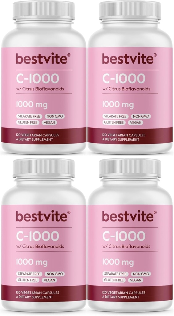 BESTVITE Vitaminas C 1000mg (480 vegetariškų kapsulių) (120 x 4) su Citrus Bioflavinoides - No Stearates - Vegan - Non GMO - Gluten Free