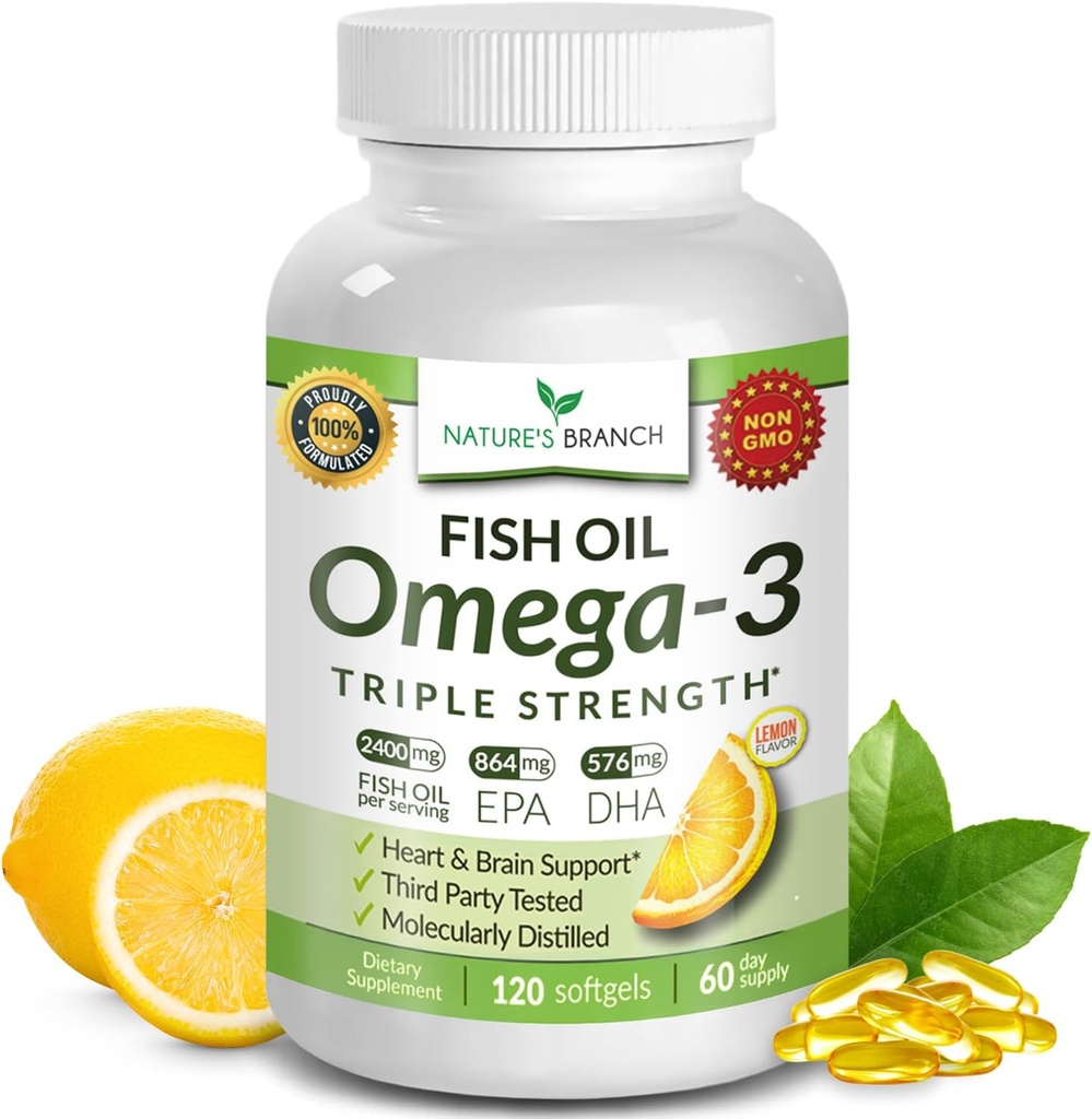 Best Triple Strength Omega 3 Fish Oil Pills 2400mg | 120 Capsules | Burpless High Potency Lemon Flavor | 864mg EPA 576mg DHA Ultra Pure Liquid Softgels | Brain Joints Eyes Hair Heart Health Supplement