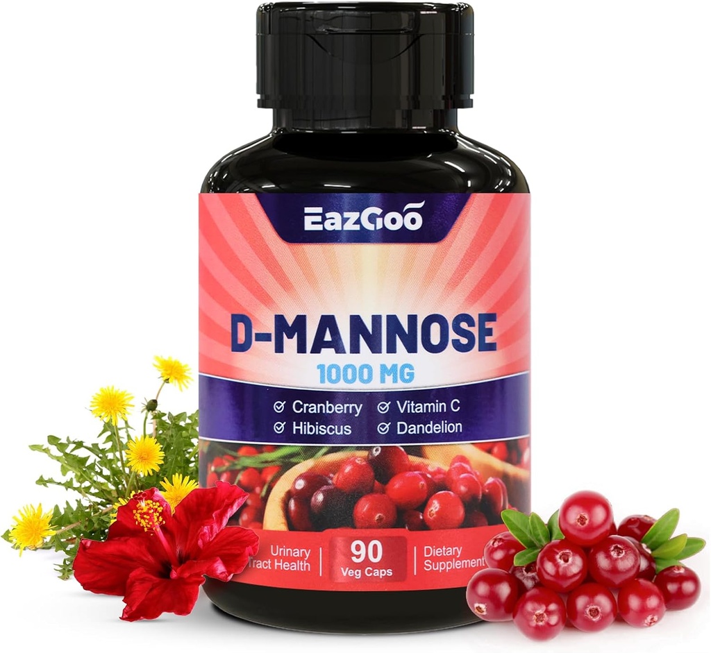D-manozės priedas - 1000mg kapsulės su spanguolių, Vitaminas C, Hibiscus & Dandelion ekstraktas, parama Šlapimo sveikatos, D Manozės & gervuogių kapsulės, 90 Count