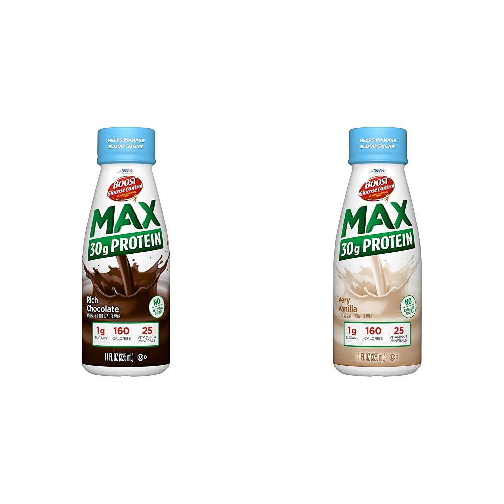 BOOST gliukozės kontrolės Max 30g baltymų mitybos gėrimai, 12 turtingas šokoladas + 12 Labai vanilė (pakuotė 24)