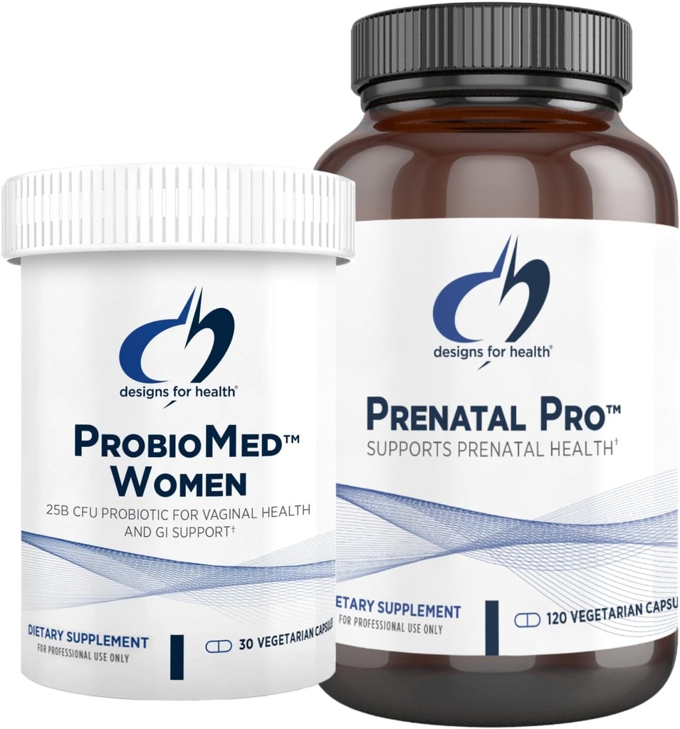 Dizainas sveikatos Prenatal & Probiotic Bundle - Prenatal Pro (180 kapsulių) Prenatal multivitaminas su folate ir Chelated Minerals & ProbioMed moterys (30 kapsulių) Gut Health & Vaginal Probiotic