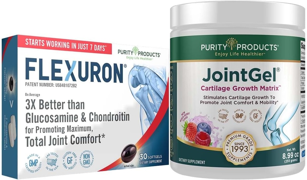 Grynumas Produktai Flexuron Joint Formulės + Joint Gel Flexuron (Krilių aliejus, mažo molekulinio svorio hialurono rūgštis, Astaxanthin) - Joint Gel Berry Pows (Bioactive Collagen Peptides + MSM)