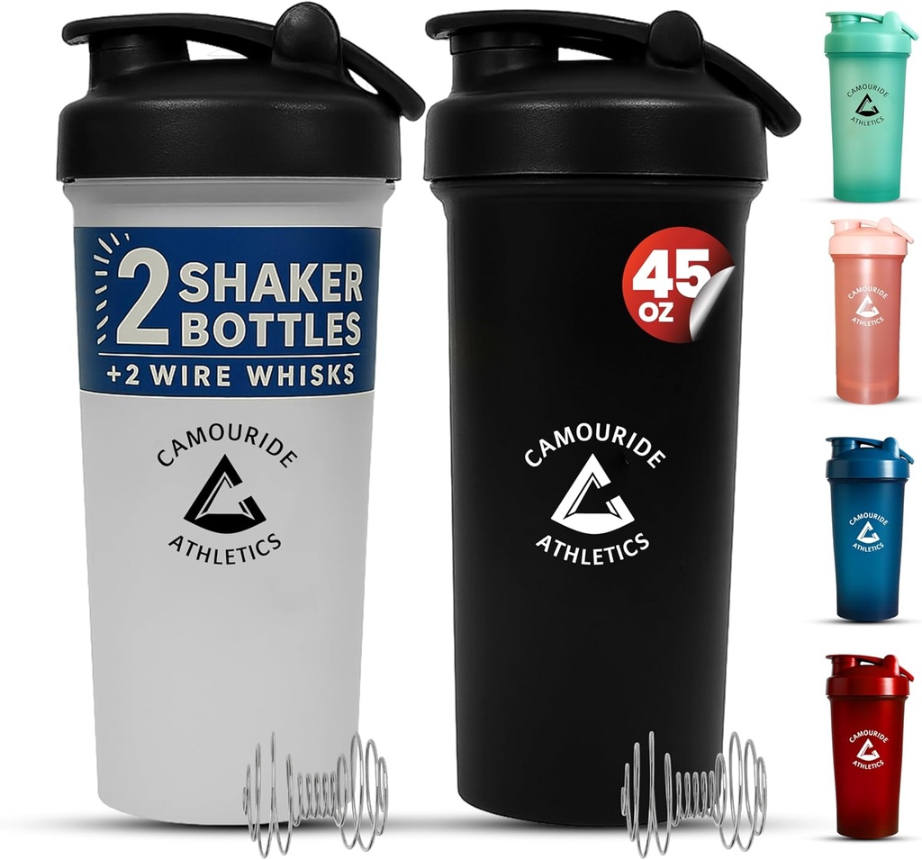 2 Pack 45 oz baltymų Shaker Buteliai su Wire Whisk - BPA- Free, Leak- Įrodymas Shaker puodeliai baltymų Shakes & Smoothies - Didelis plastikinis maišiklis butelis - Klasikinis Baltas & Vidurnakčio juoda