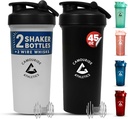 2 Pack 45 oz baltymų Shaker Buteliai su Wire Whisk - BPA- Free, Leak- Įrodymas Shaker puodeliai baltymų Shakes & Smoothies - Didelis plastikinis maišiklis butelis - Klasikinis Baltas & Vidurnakčio juoda